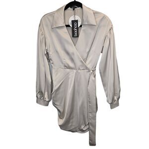 NWT Boohoo Women's 2 Faux Wrap Tie Long Sleeve Mini Dress Champagne